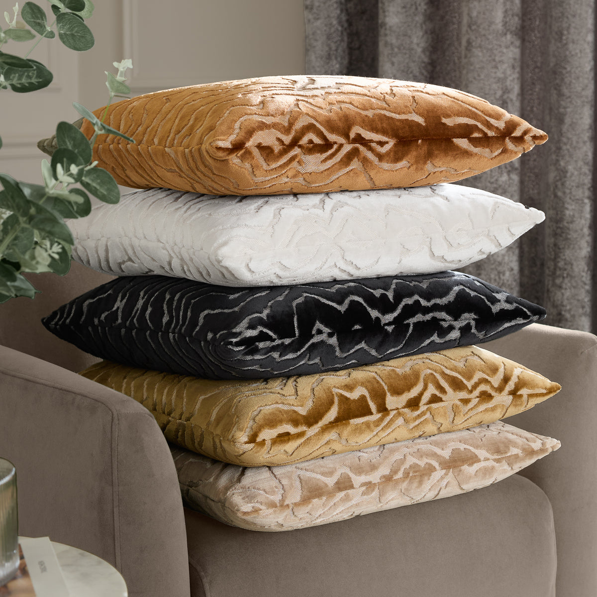 Paoletti Tierra Cut Velvet 50cm x 50cm Filled Cushion Brass