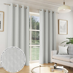 Tokyo Thermal Geometric Embossed Ready Made Eyelet Blockout Curtains Grey