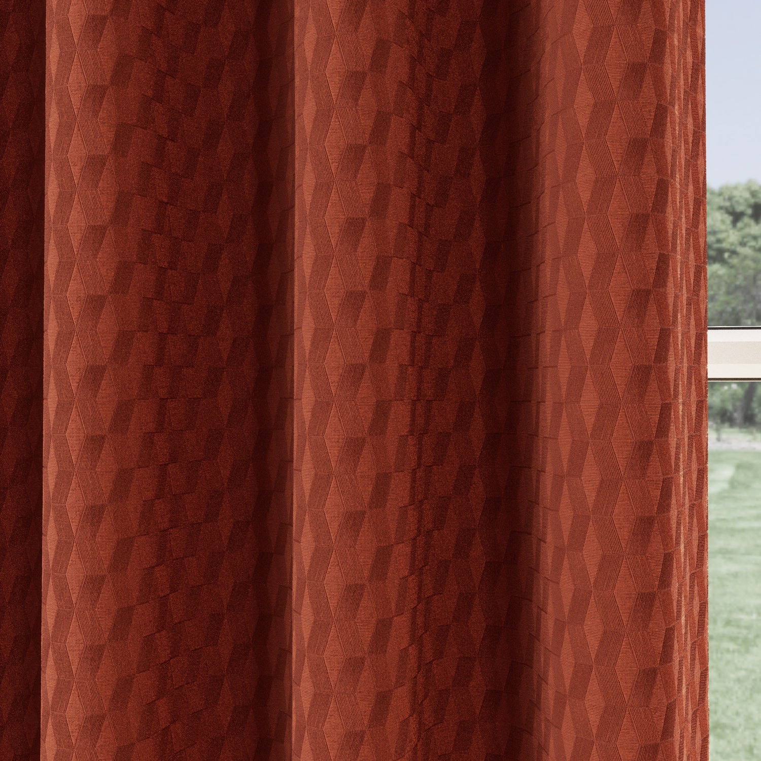 Tokyo Thermal Geometric Embossed Ready Made Eyelet Blockout Curtains Orange