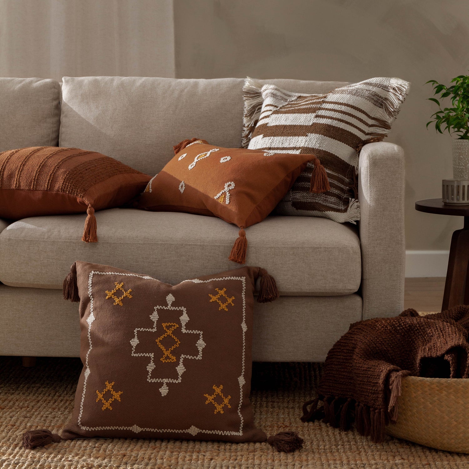 Yard Torode Woven Fringed Trim 45cm x 45cm Filled Cushion Baked Earth