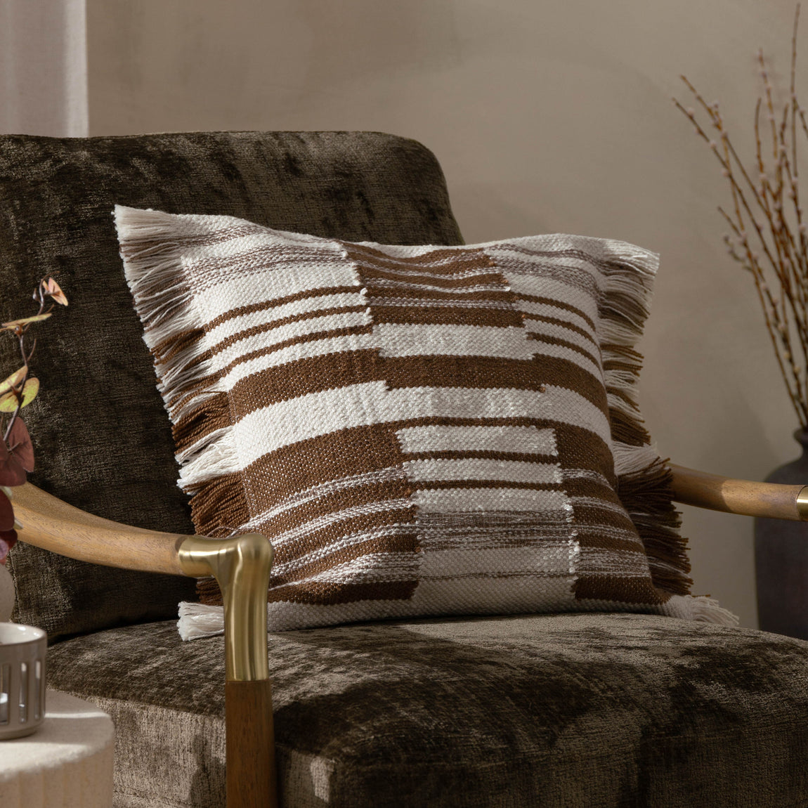 Yard Torode Woven Fringed Trim 45cm x 45cm Filled Cushion Baked Earth
