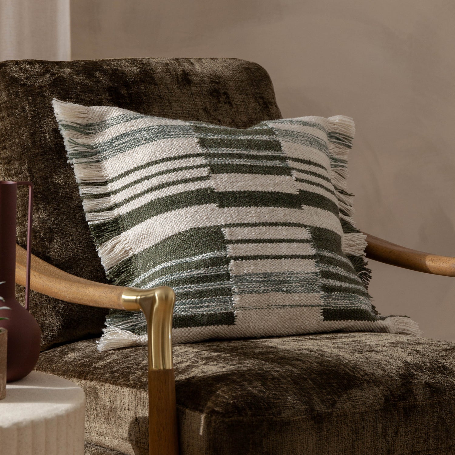 Yard Torode Woven Fringed Trim 45cm x 45cm Filled Cushion Sage