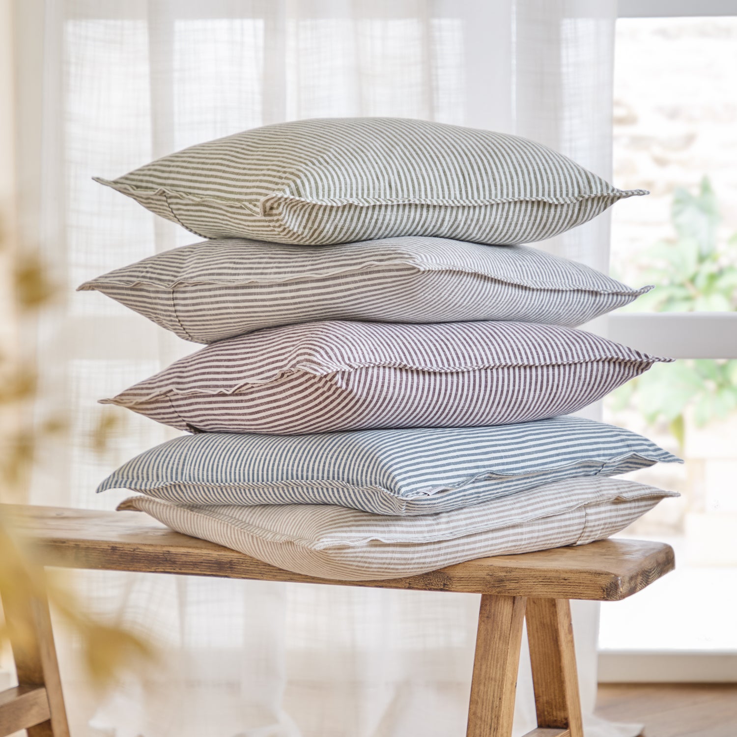Yard Truro Striped Cotton 45cm x 45cm Filled Cushion Moss
