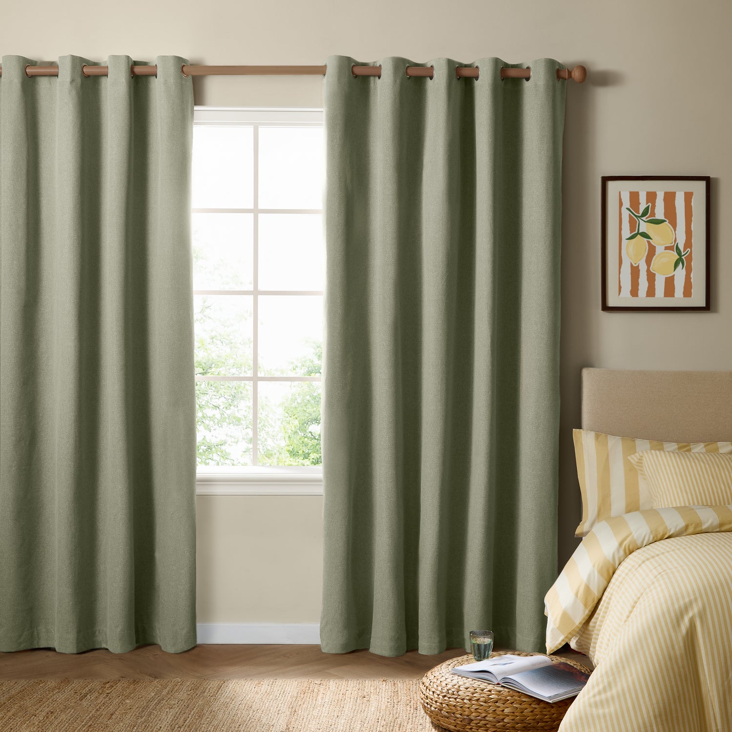 Furn Ultimate Textured Woven Ready Made Eyelet Blackout Curtains Sage