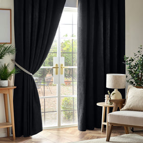 Chenille Triple Woven Ready Made Blackout Curtains Black