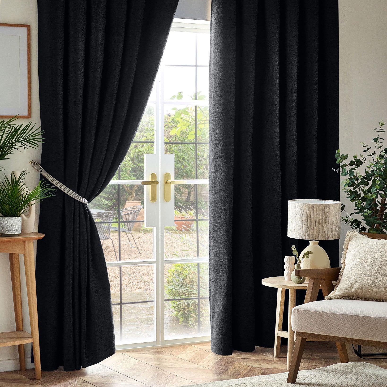 Chenille Triple Woven Ready Made Blackout Curtains Black