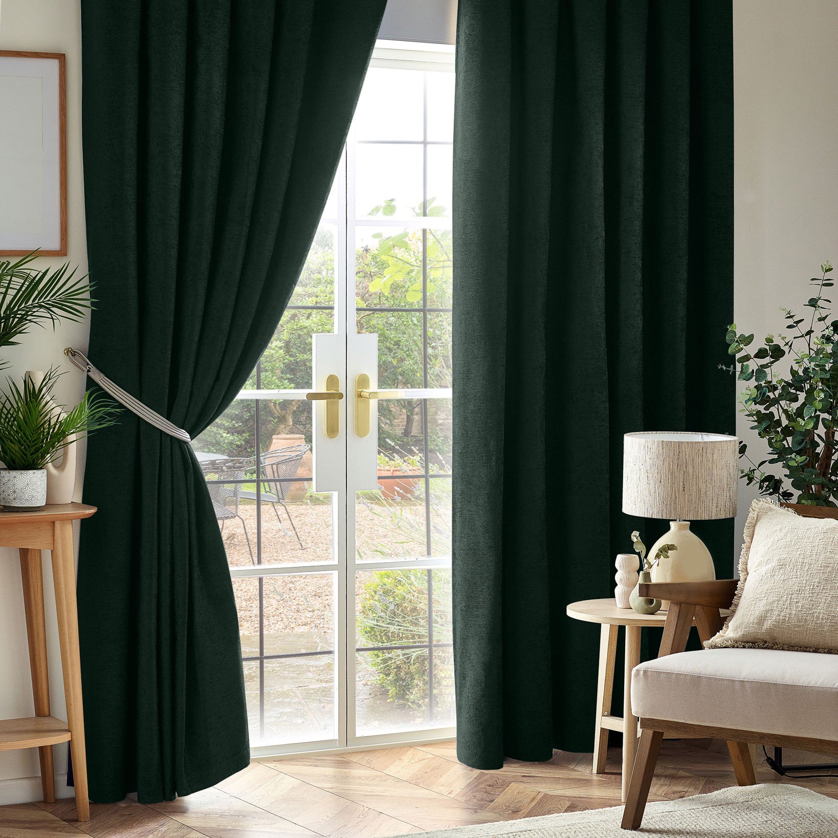 Chenille Triple Woven Ready Made Blackout Curtains Green