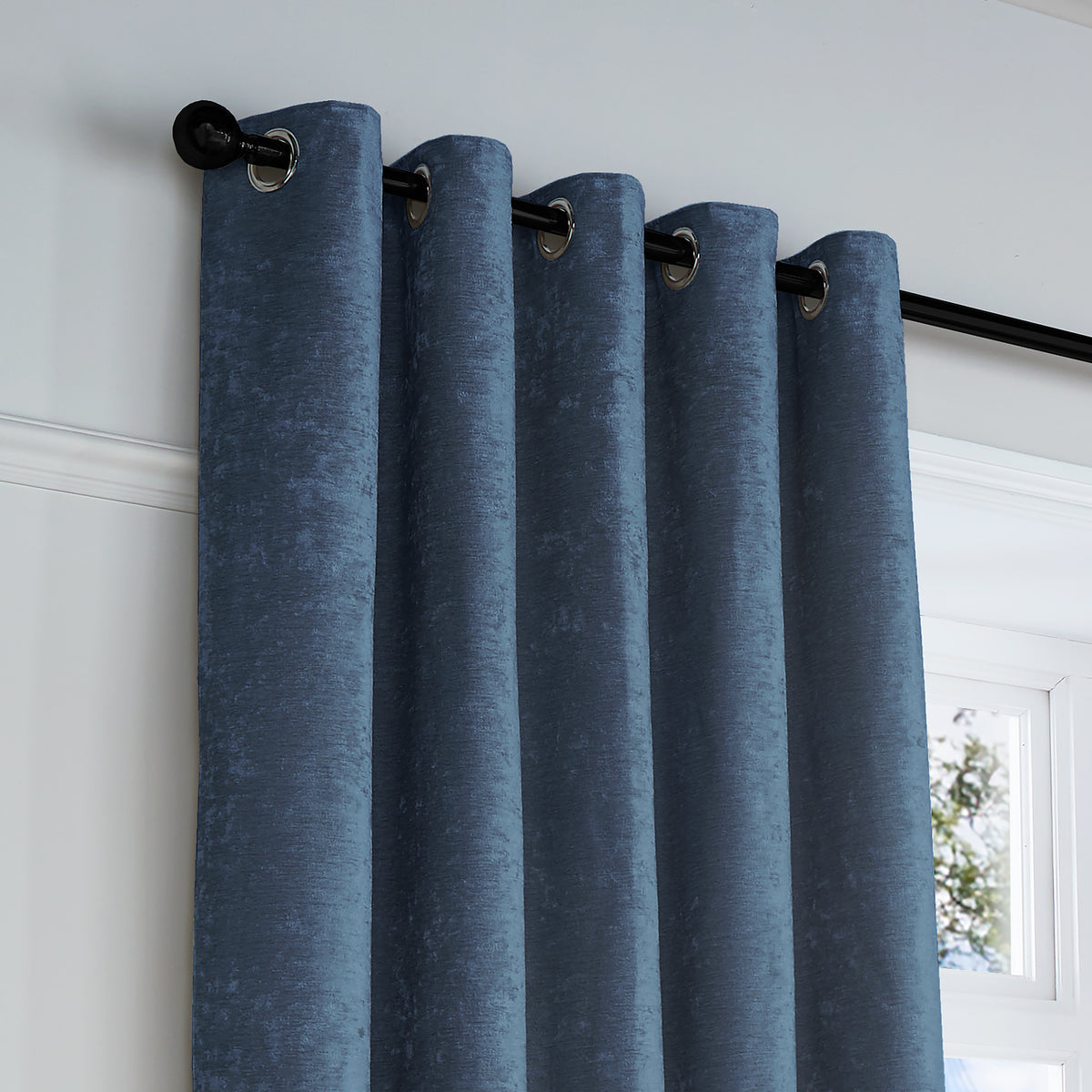 Curtina Textured Chenille Ready Made Blackout Eyelet Curtains Navy