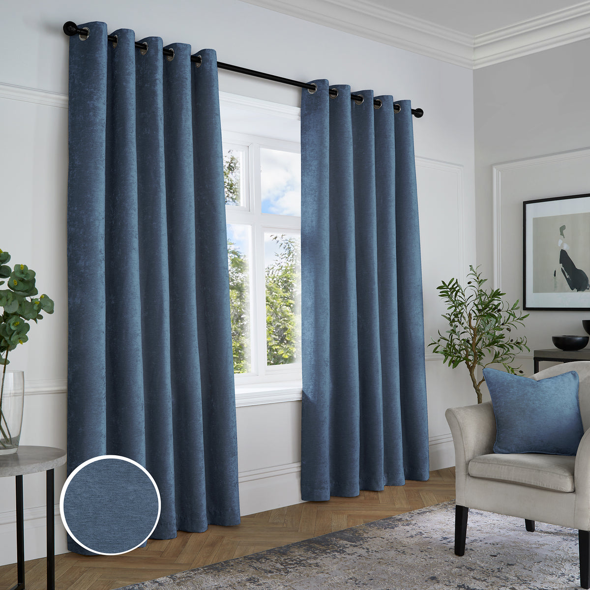 Curtina Textured Chenille Ready Made Blackout Eyelet Curtains Navy
