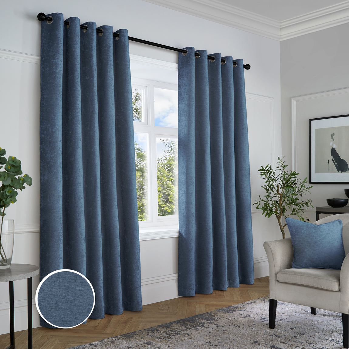 Curtina Textured Chenille Ready Made Blackout Eyelet Curtains Navy