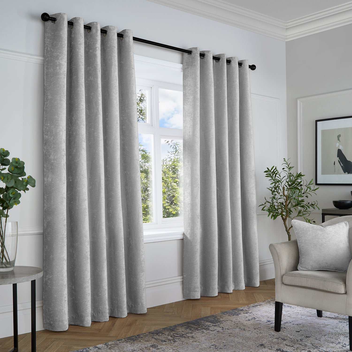 Curtina Textured Chenille Ready Made Blackout Eyelet Curtains Grey