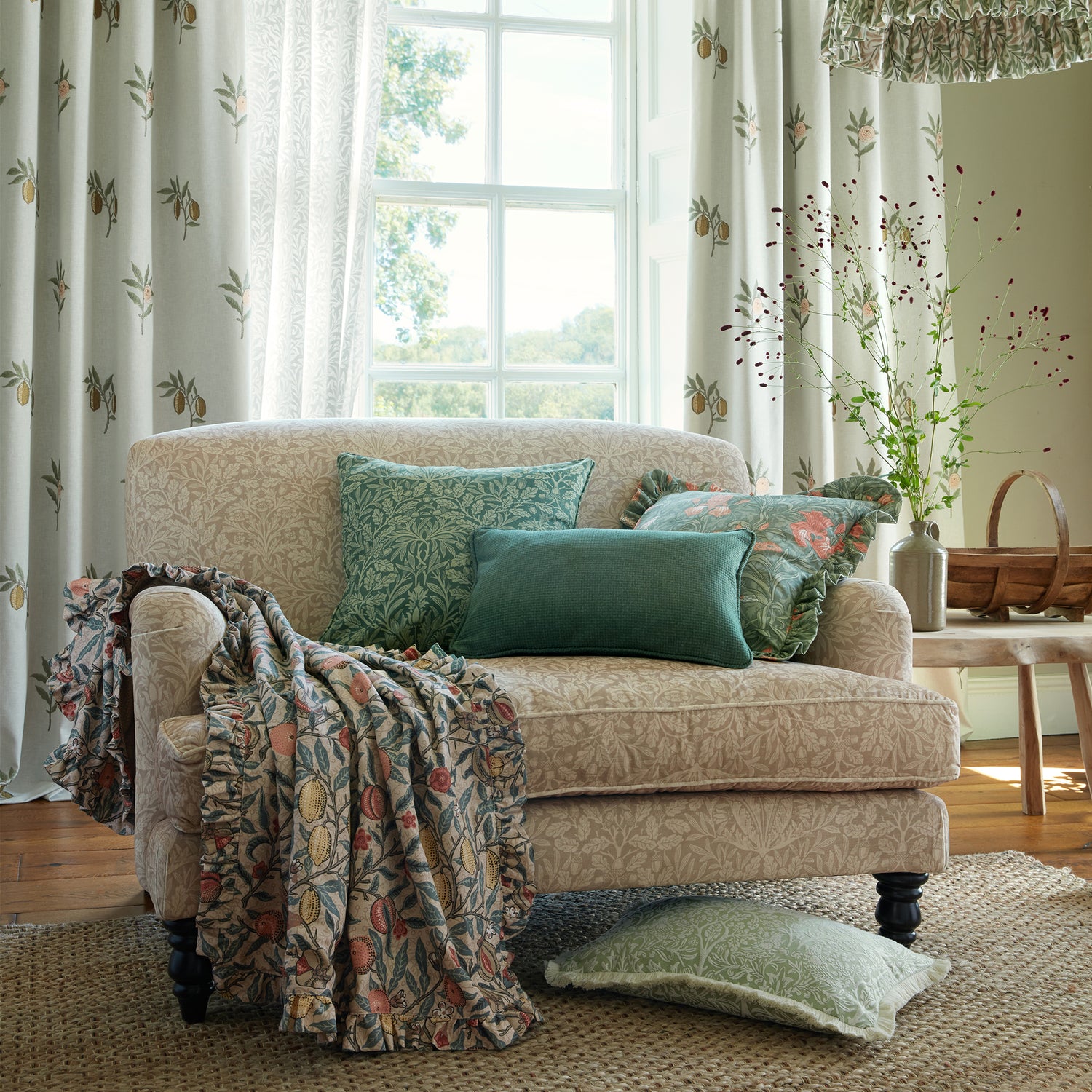William Morris At Home Fruit Embroidered Fabric Moss