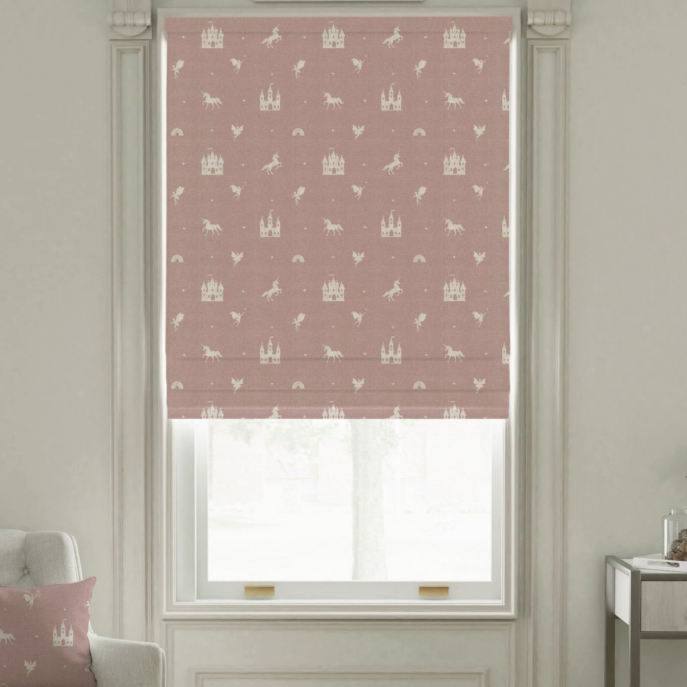 ANTE DECOR Castles And Unicorns Printed Cotton Made To Measure Roman Blind Pink
