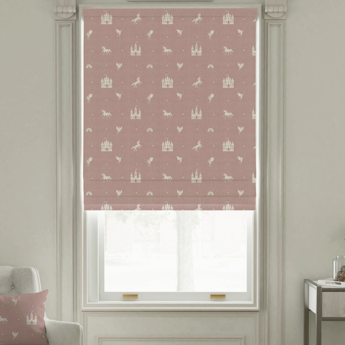 ANTE DECOR Castles and Unicorns Printed Cotton Fabric Pink