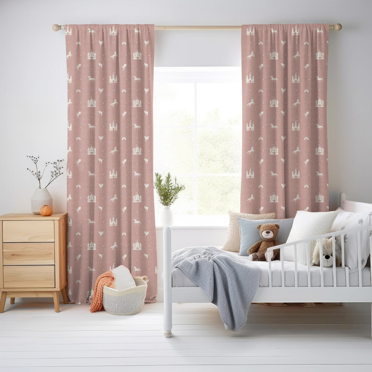 ANTE DECOR Castles and Unicorns Printed Cotton Fabric Pink