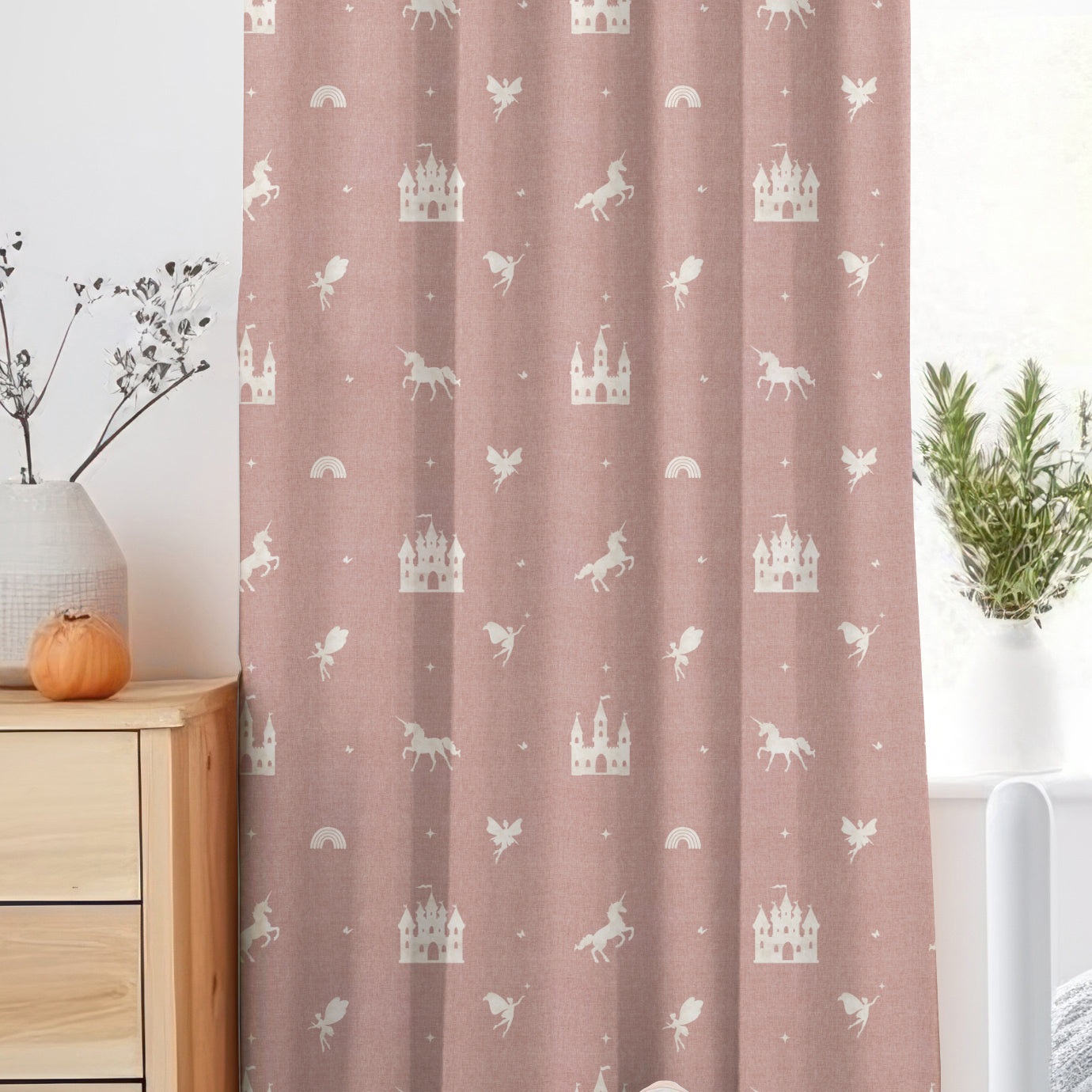 ANTE DECOR Castles And Unicorns Printed Cotton Made To Measure Curtains Pink