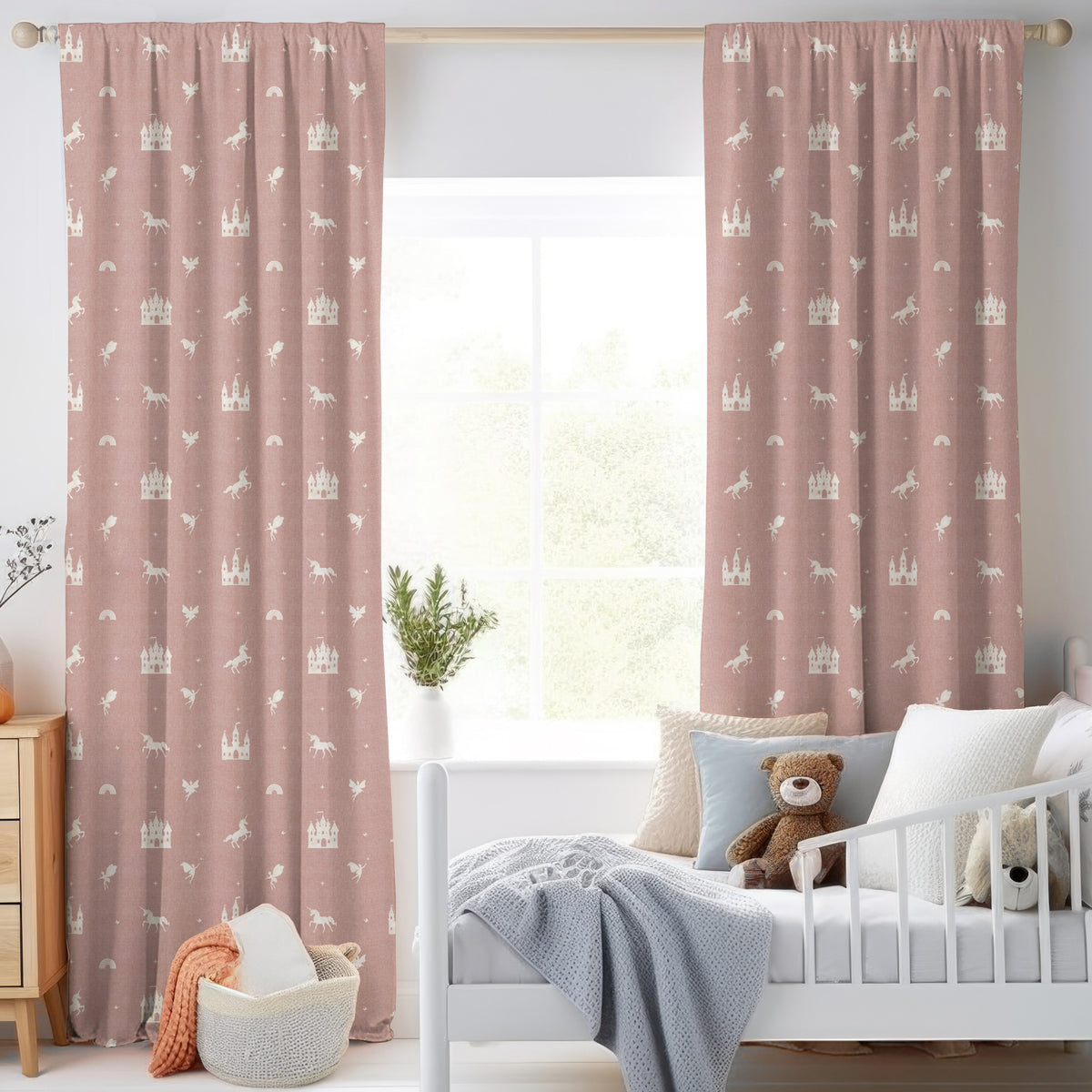 ANTE DECOR Castles And Unicorns Printed Cotton Made To Measure Curtains Pink