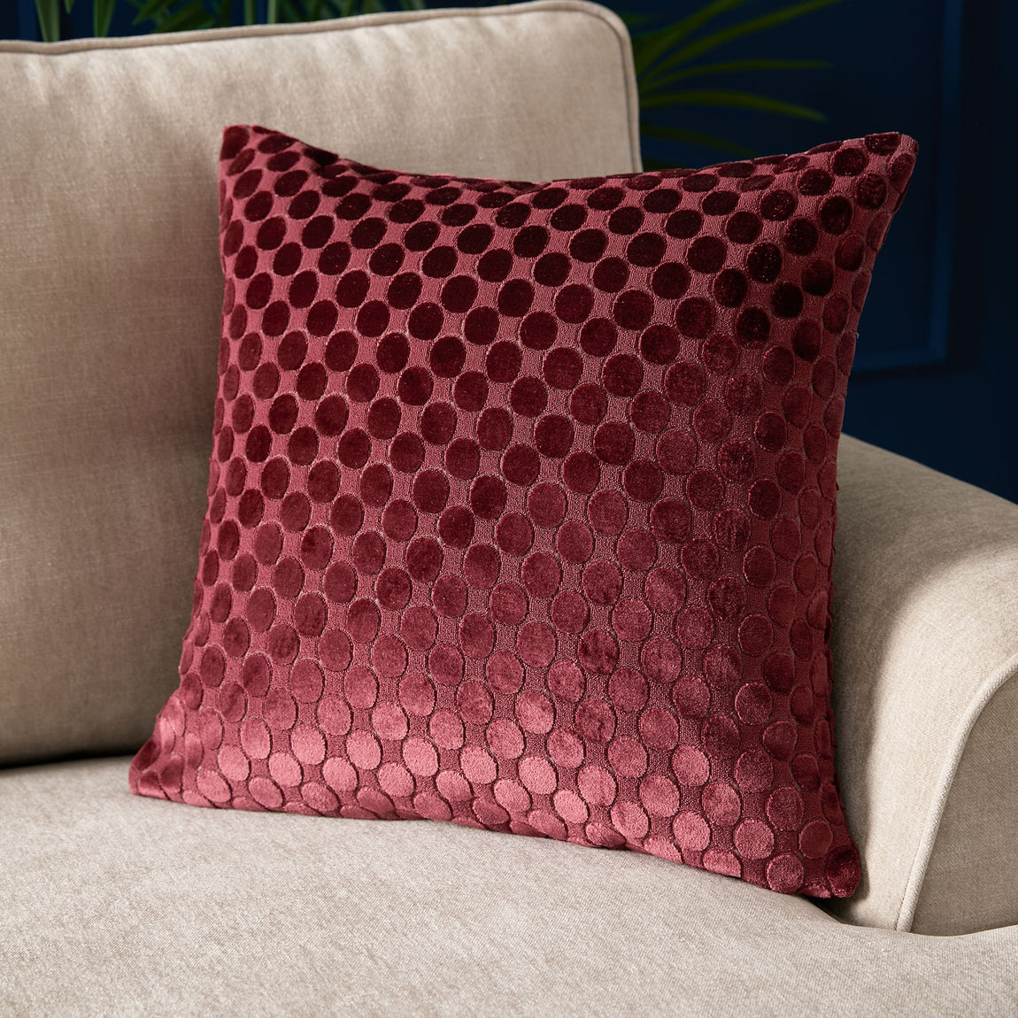 Soiree Velvet Spot Jacquard 43cmx43cm Filled Cushion Burgundy