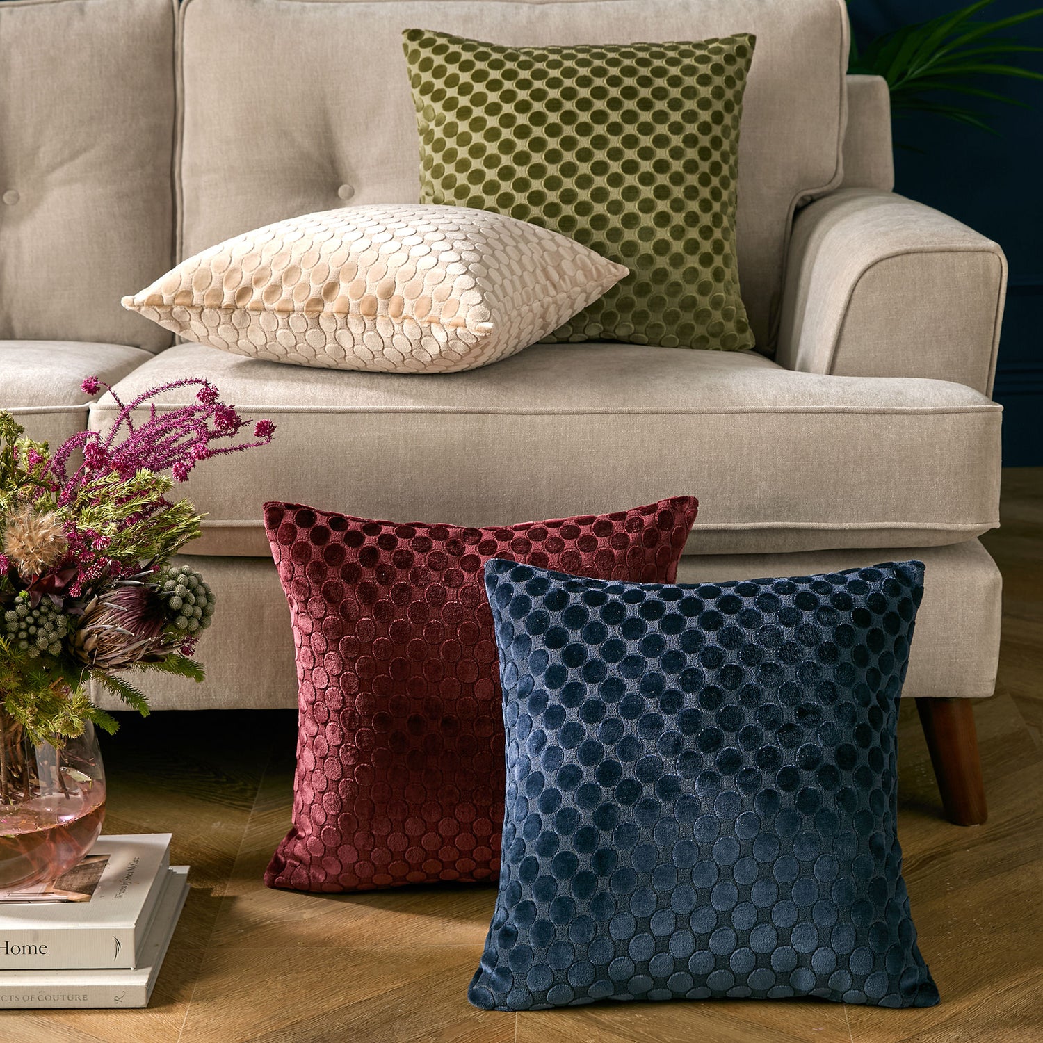 Soiree Velvet Spot Jacquard 43cmx43cm Filled Cushion Burgundy