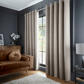 Curtina Velvet Chenille Dimout Ready Made Eyelet Curtains Natural