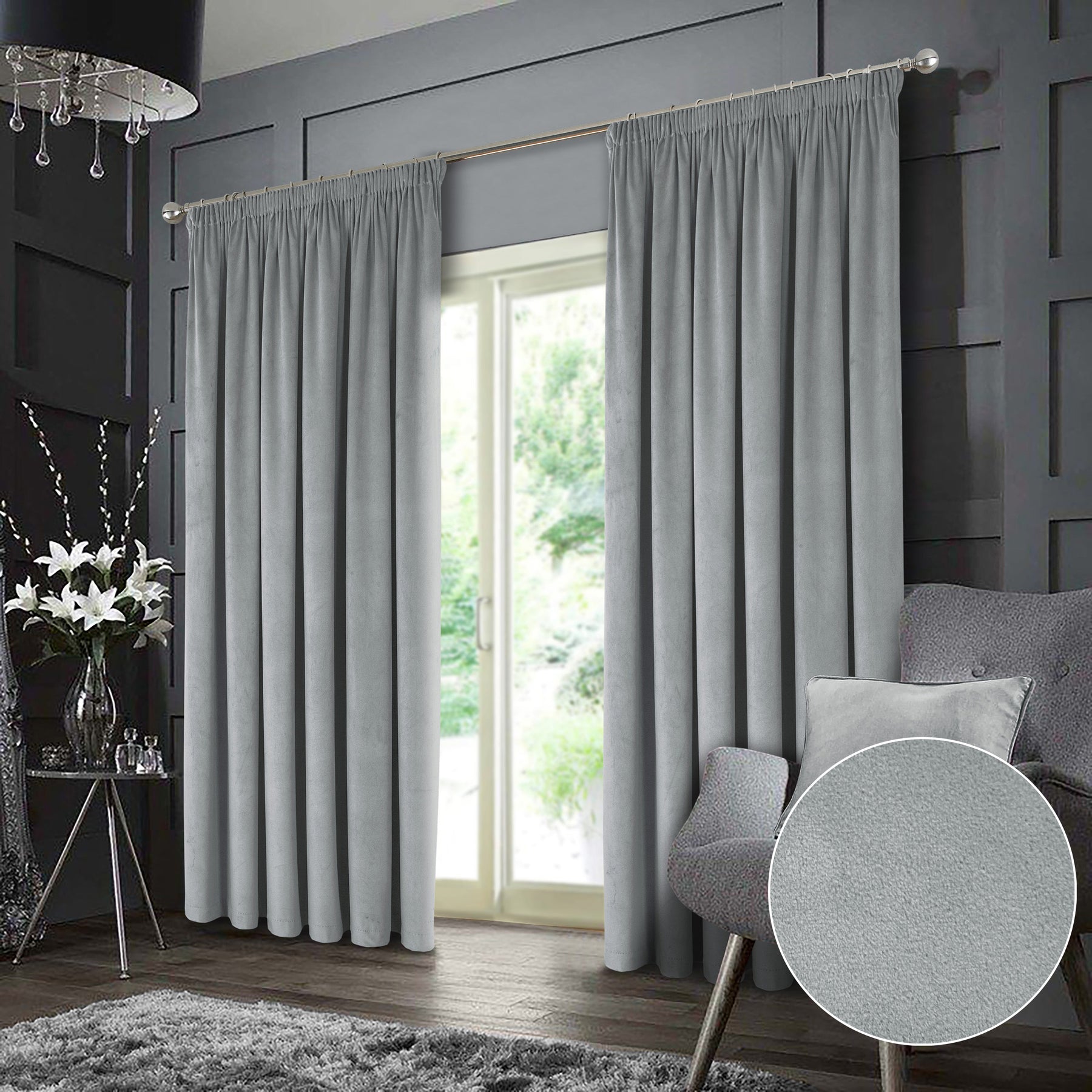 Montreal Thermal Velour Velvet Ready Made Blockout Curtains Grey