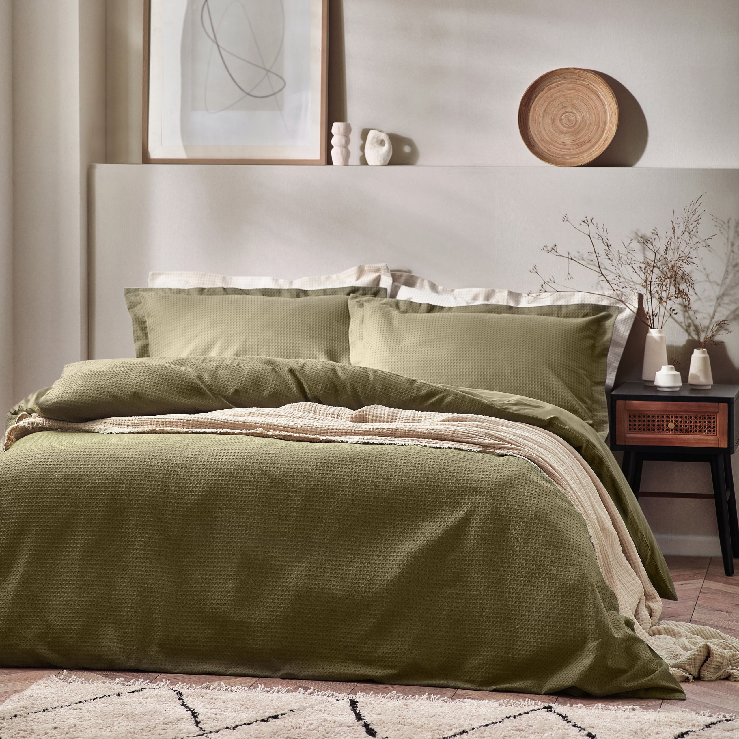 Olive Yard Waffle Textured Duvet Cover Bedding Set | Terrys