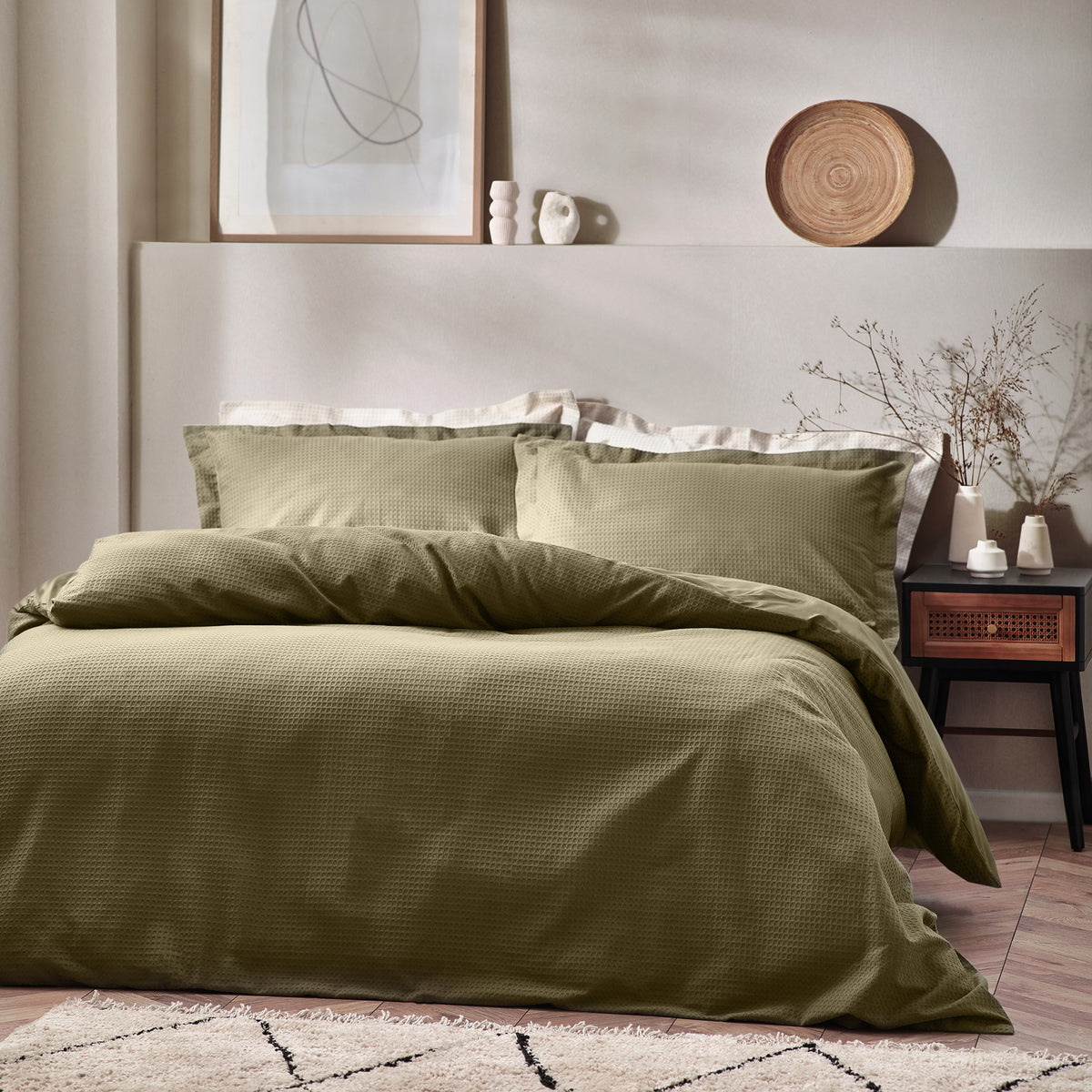 Yard Waffle Textured Duvet Cover Bedding Set Olive
