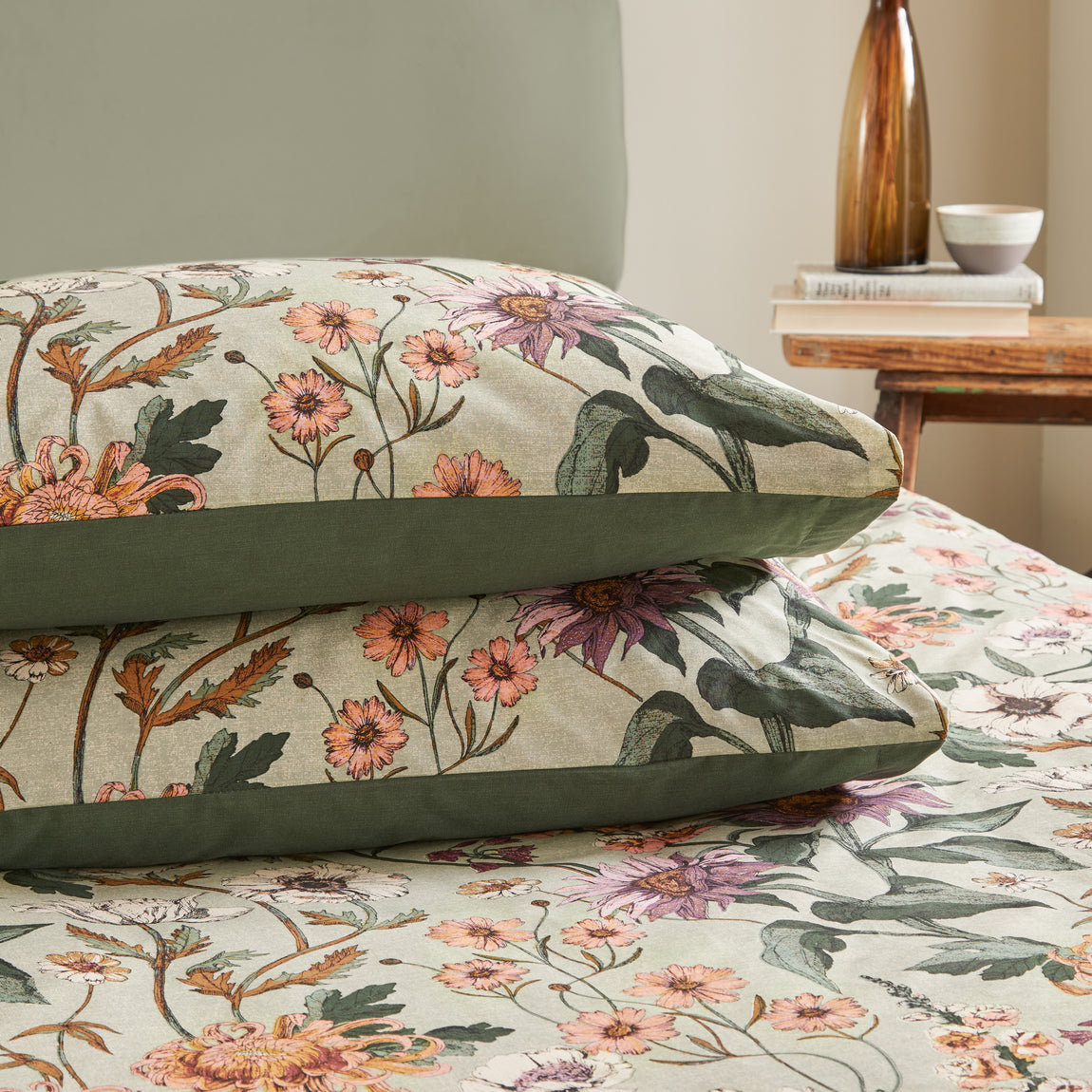 Wallflower Botanical Duvet Cover Bedding Set Celadon Green
