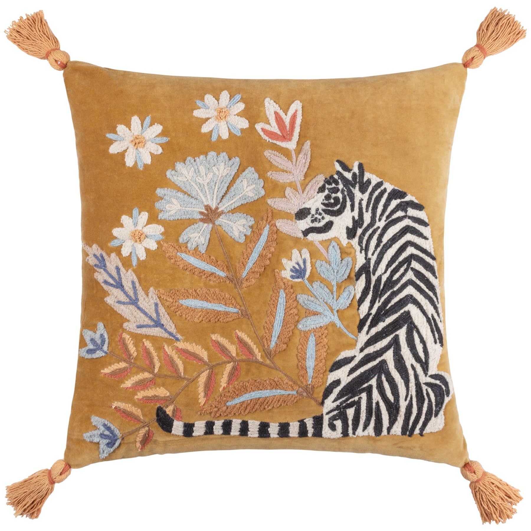 Wylder Tropics White Tiger Embroidered Tasselled Filled Cushion 50cm x 50cm Gold