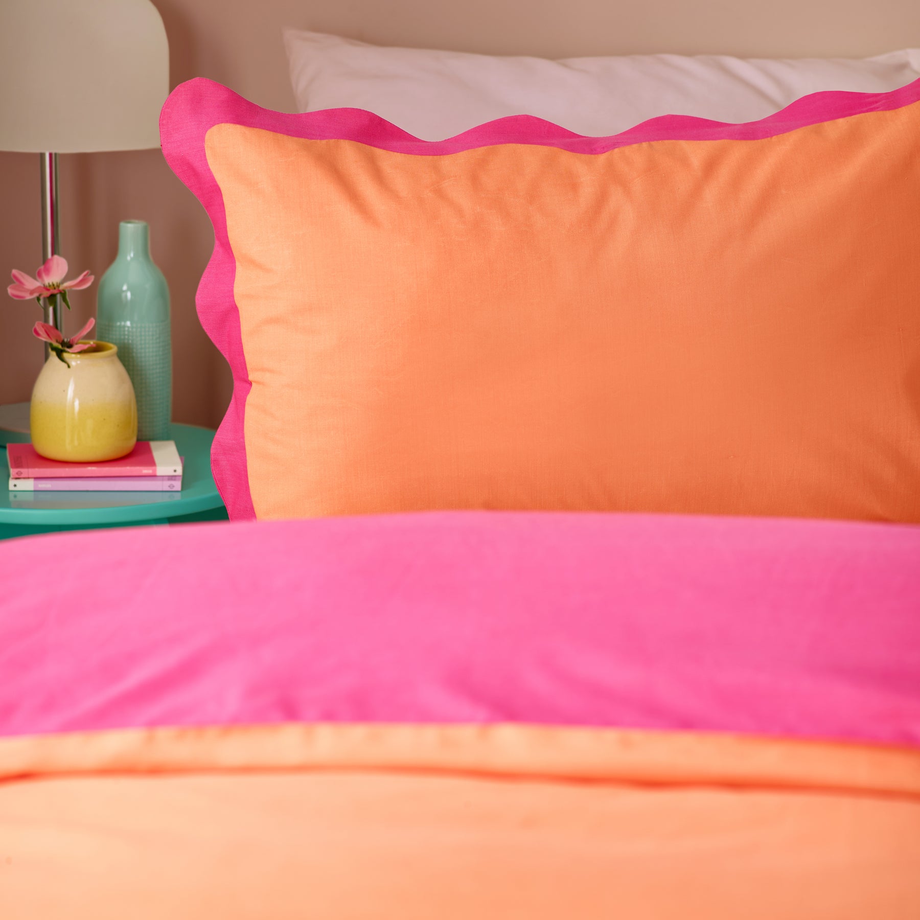 Wiggle Scallop Duvet Cover Bedding Set Coral Pink