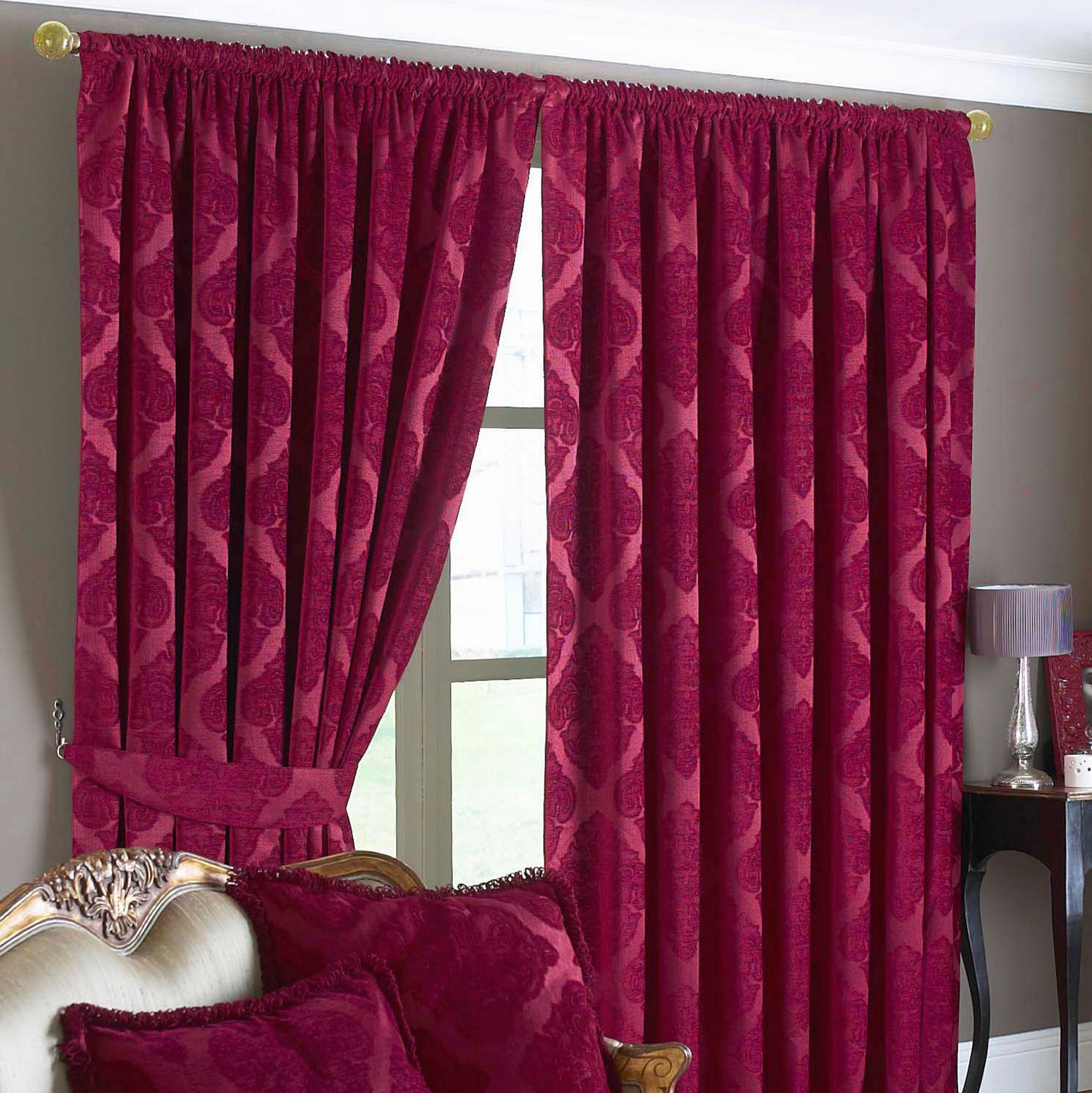 Paoletti Winchester Jacquard Ready Made Pencil Pleat Curtains 66 x 72 Raspberry