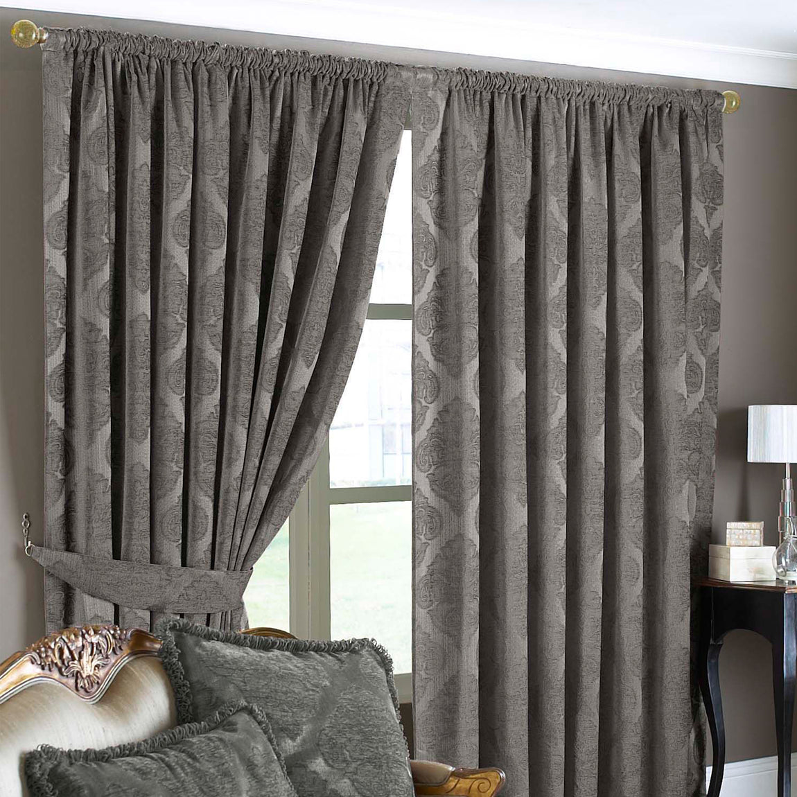 Paoletti Winchester Jacquard Ready Made Pencil Pleat Curtains Mocha