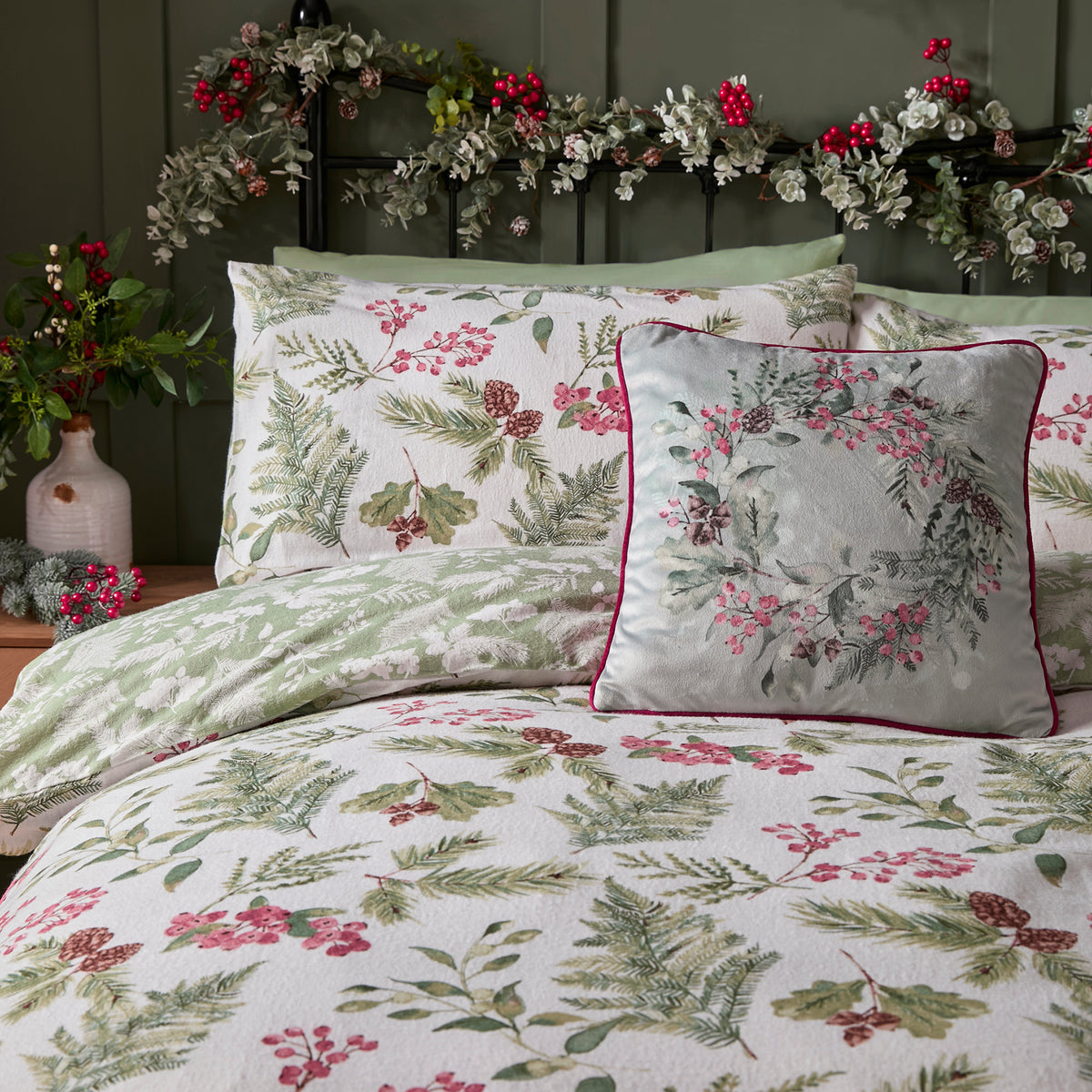 Dreams & Drapes Winter Sprigs Brushed Cotton Duvet Cover Bedding Set Green