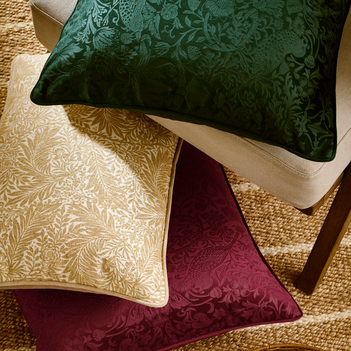 William Morris At Home Strawberry Thief Embossed 50cmx50cm Filled Cushion Forest Green