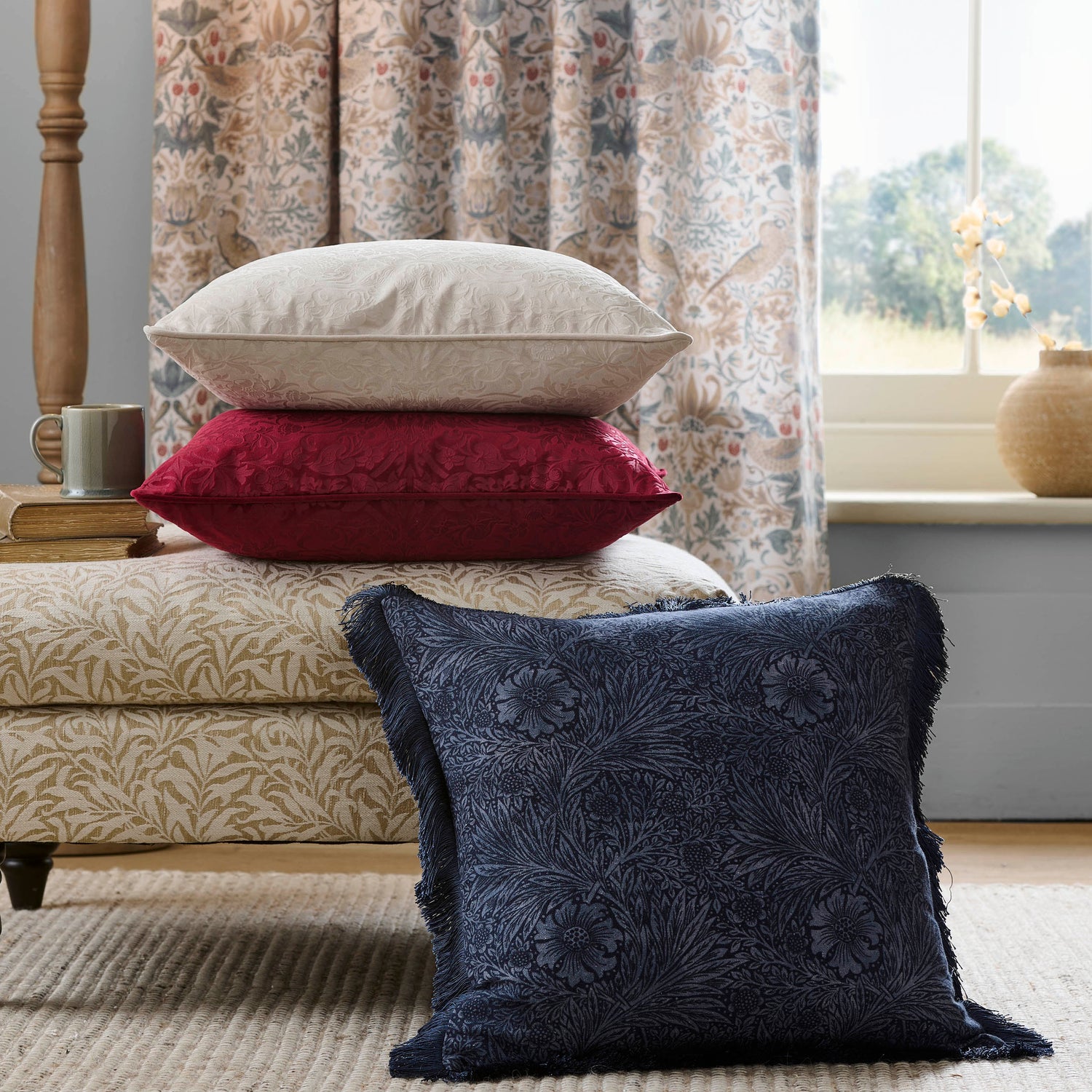 William Morris At Home Strawberry Thief Embossed 50cmx50cm Filled Cushion Berry