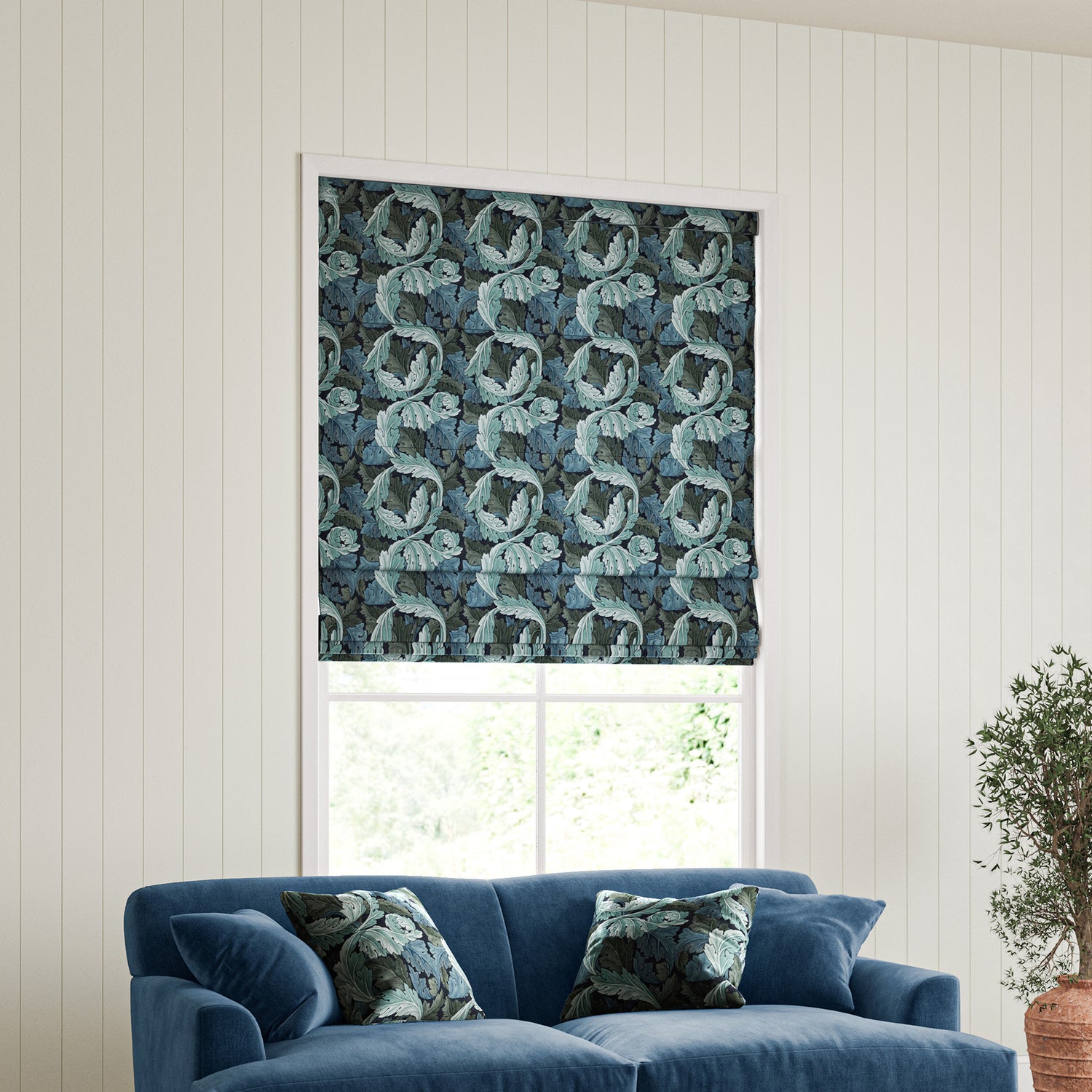 William Morris Acanthus Velvet Made to Measure Roman Blind Indigo