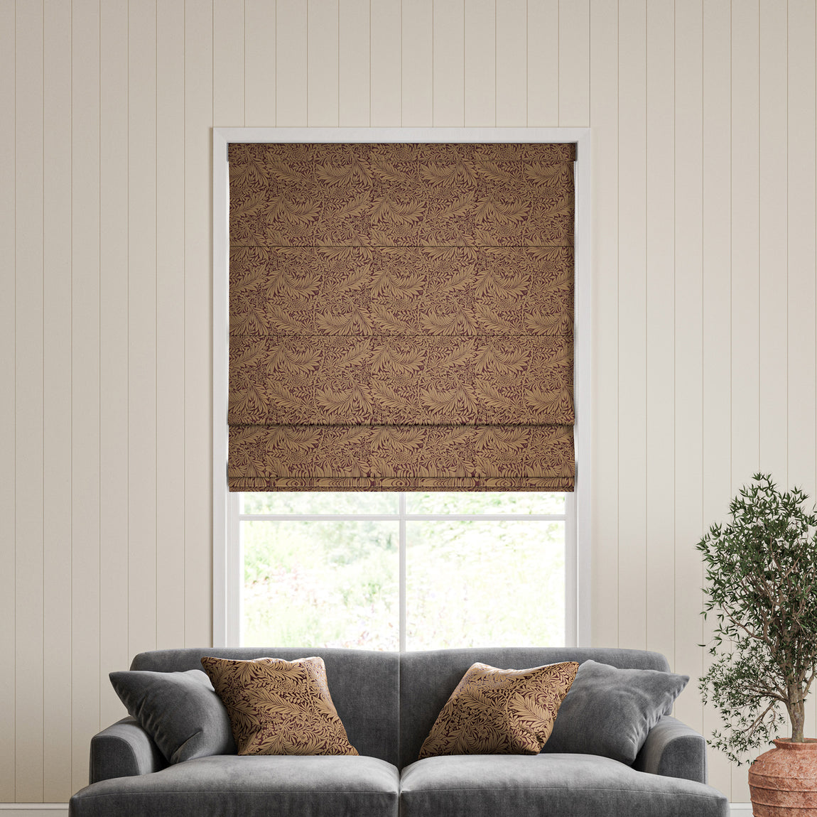 William Morris Larkspur Woven Made to Measure Roman Blind Berry