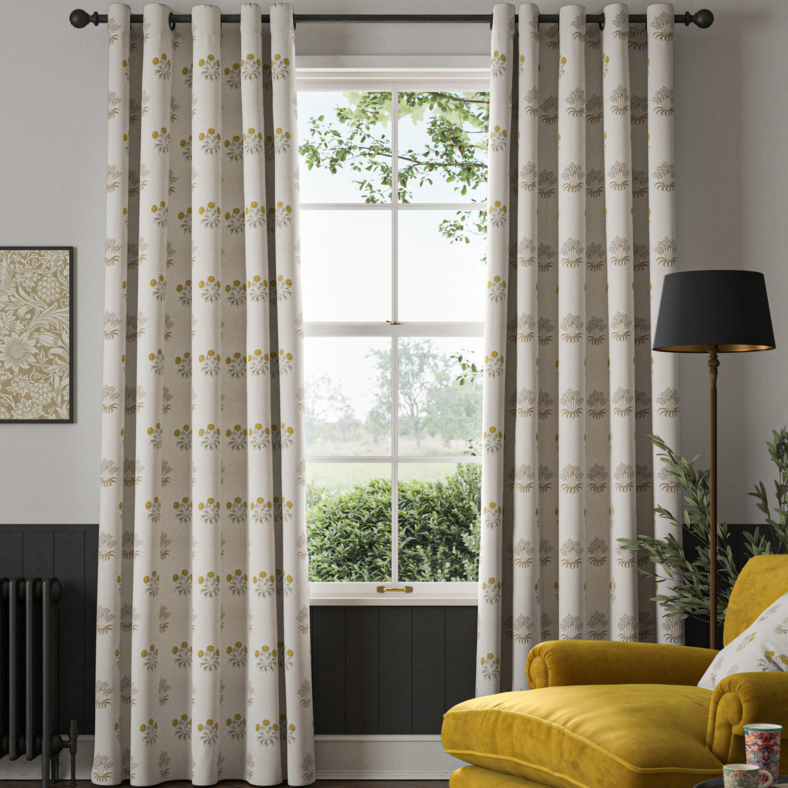 William Morris Lily Flower Embroidery Made to Measure Curtain Ochre