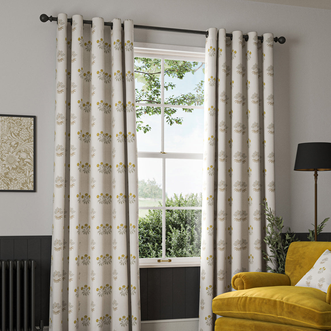 William Morris Lily Flower Embroidery Made to Measure Curtain Ochre