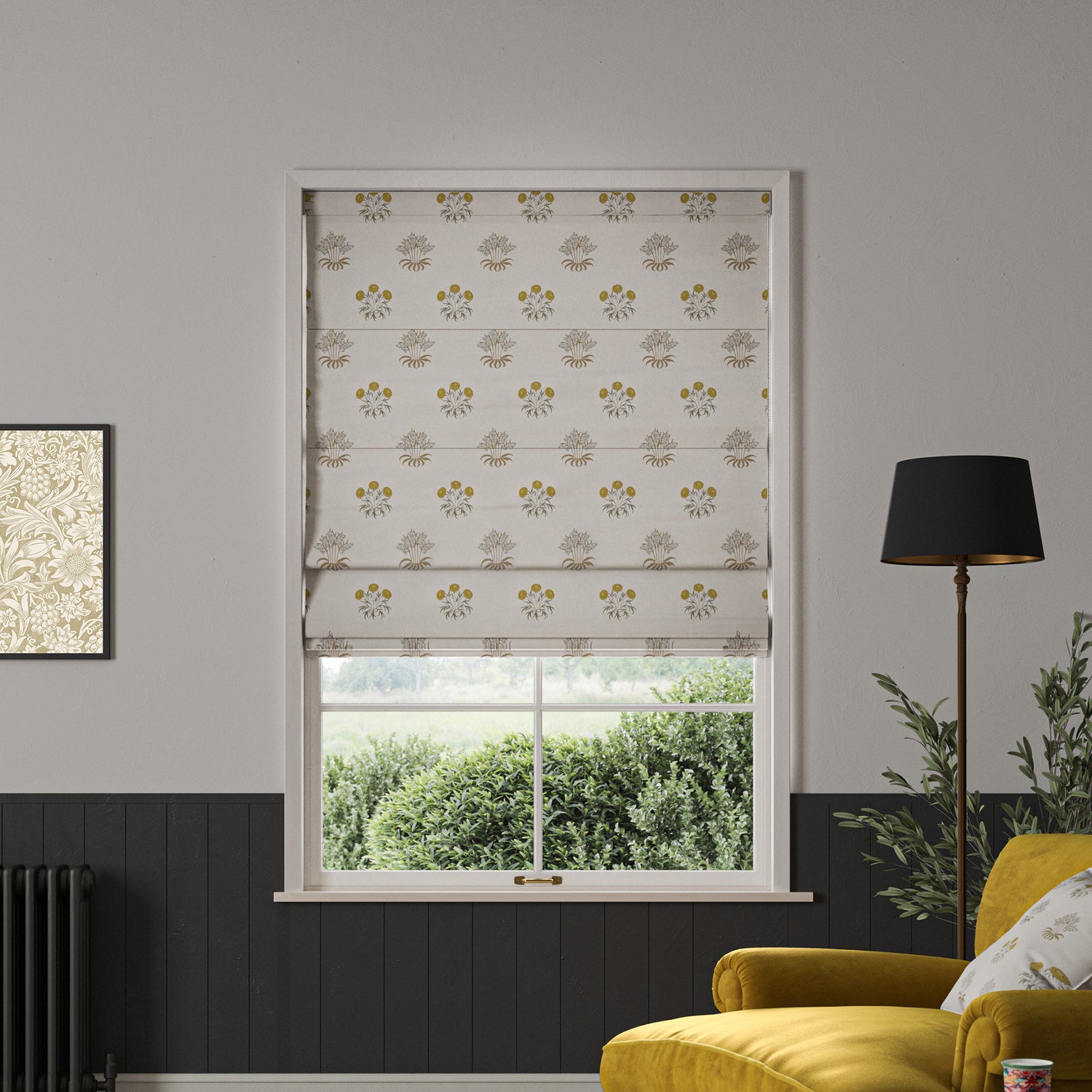 William Morris Lily Flower Embroidery Made to Measure Roman Blind Ochre