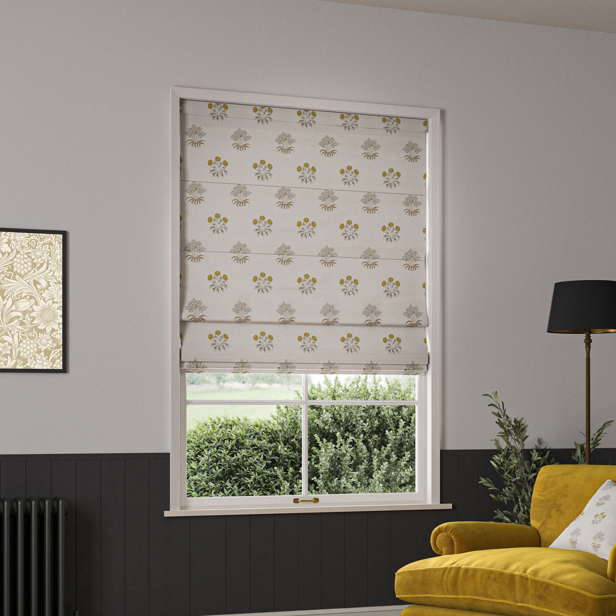 William Morris Lily Flower Embroidery Made to Measure Roman Blind Ochre