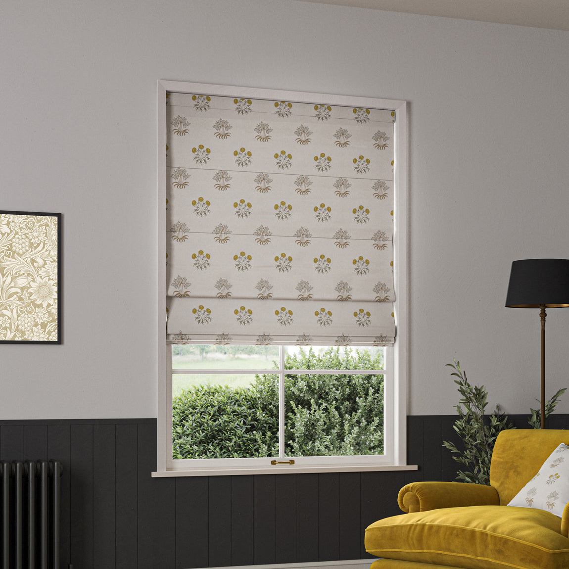 William Morris Lily Flower Embroidery Made to Measure Roman Blind Ochre