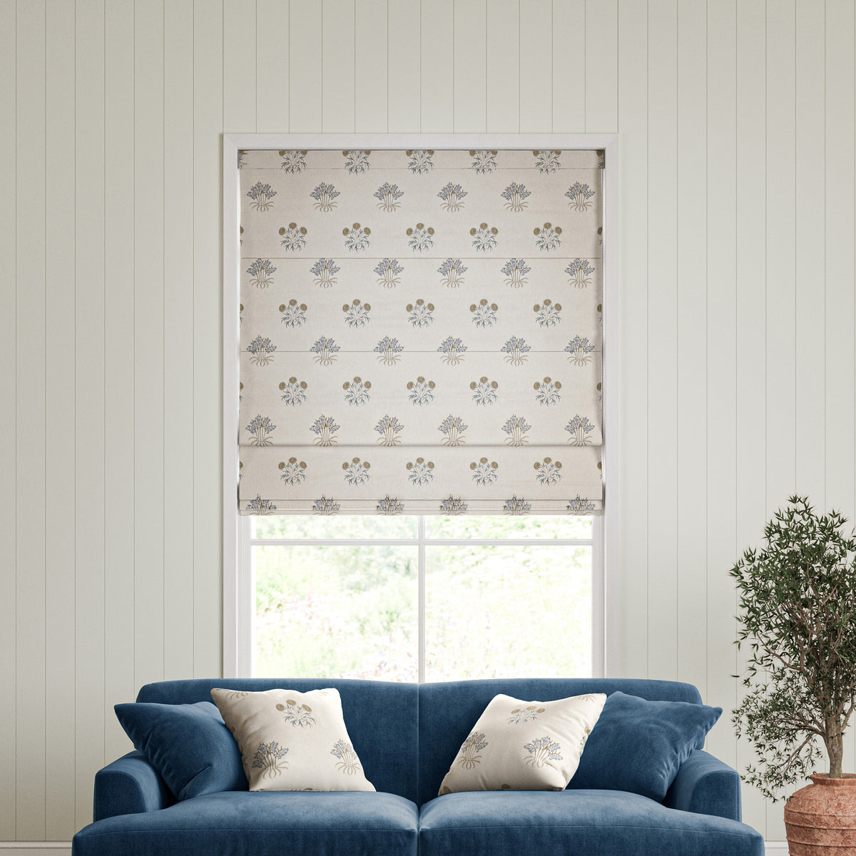 William Morris Lily Flower Embroidery Made to Measure Roman Blind Woad