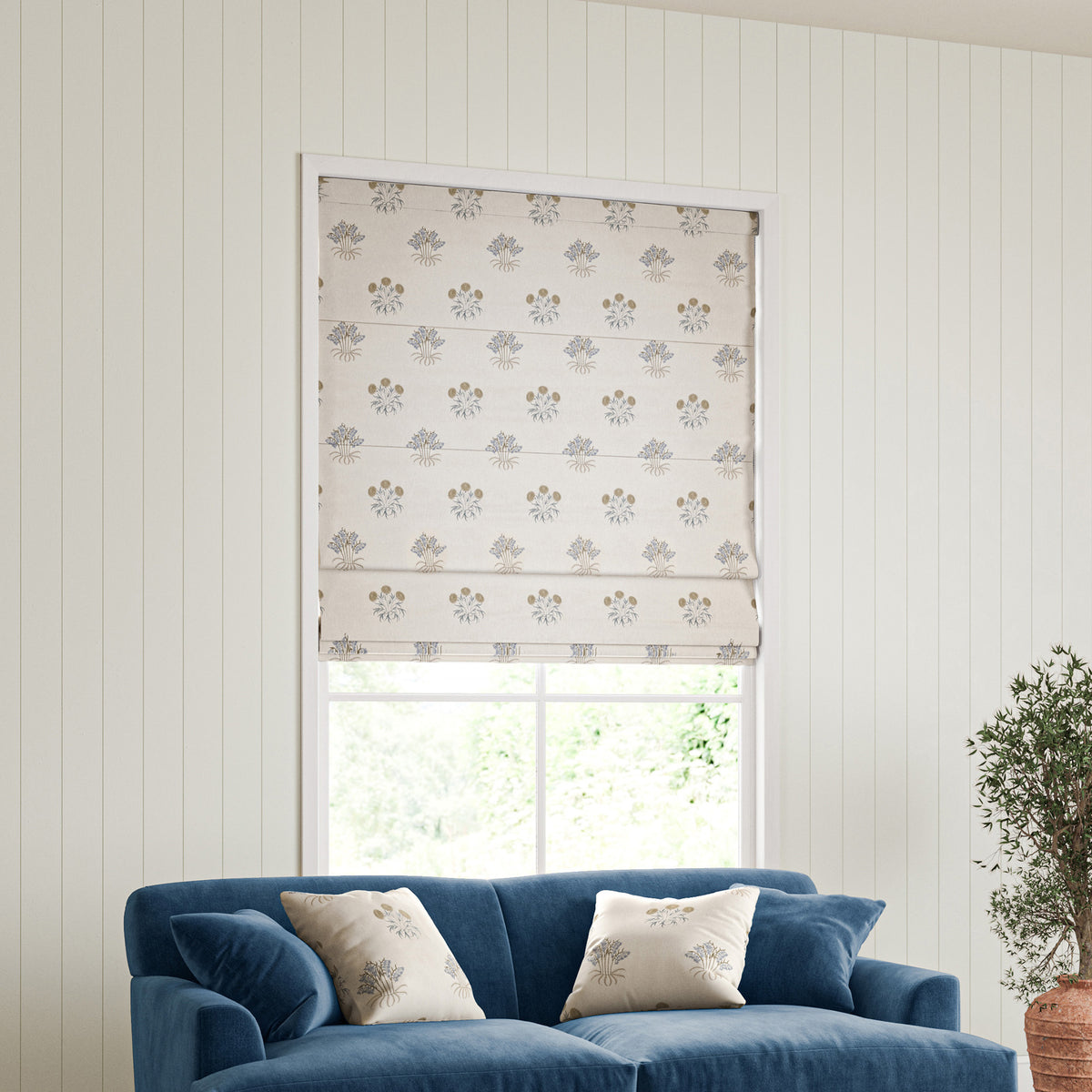 William Morris Lily Flower Embroidery Made to Measure Roman Blind Woad