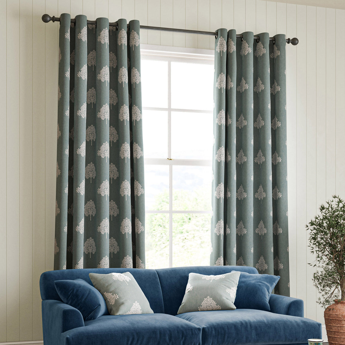 William Morris Marigold Tree Embroidery Made to Measure Curtain Woad