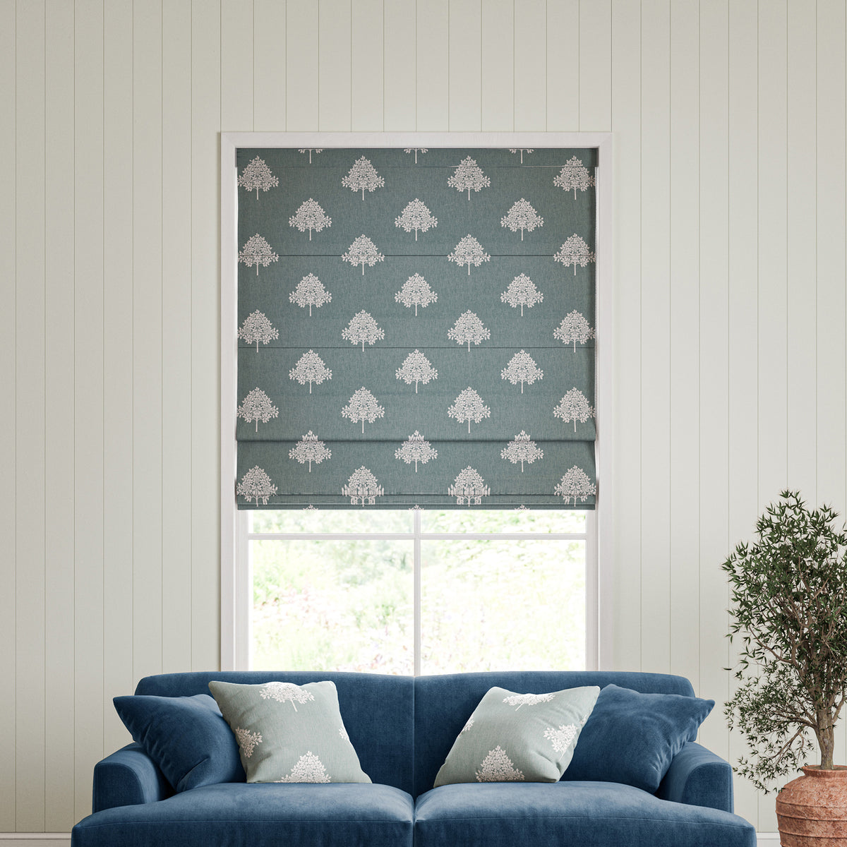 William Morris Marigold Tree Embroidery Made to Measure Roman Blind Woad