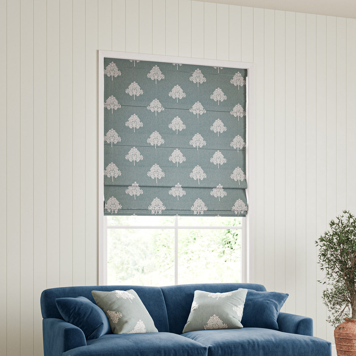 William Morris Marigold Tree Embroidery Made to Measure Roman Blind Woad