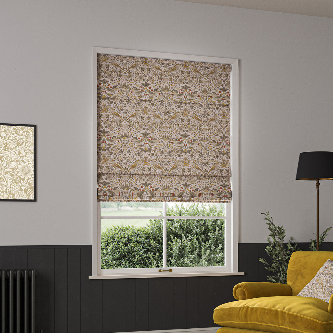 William Morris Strawberry Thief Made to Measure Roman Blind Ochre