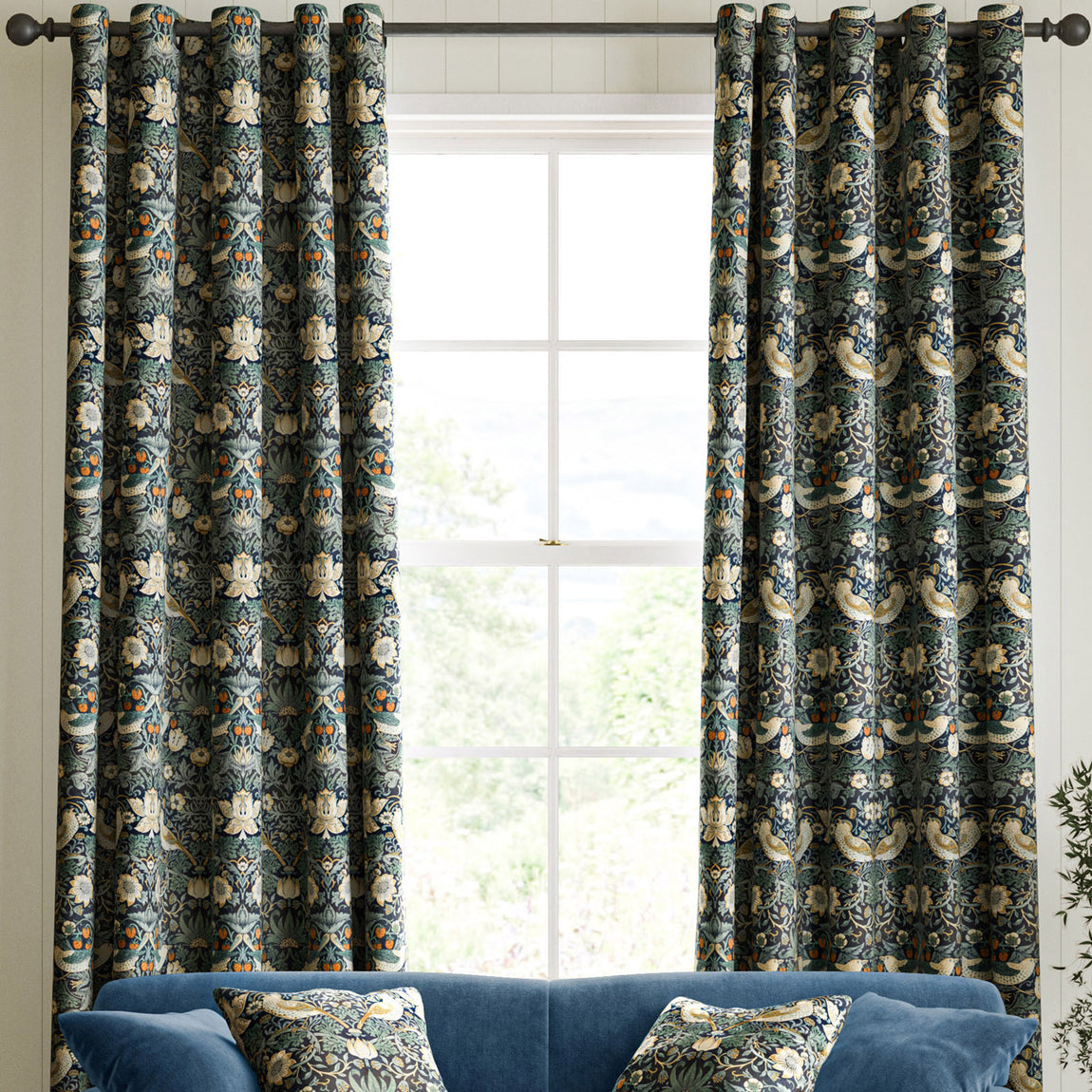 William Morris Strawberry Thief Velvet Made to Measure Curtain Indigo