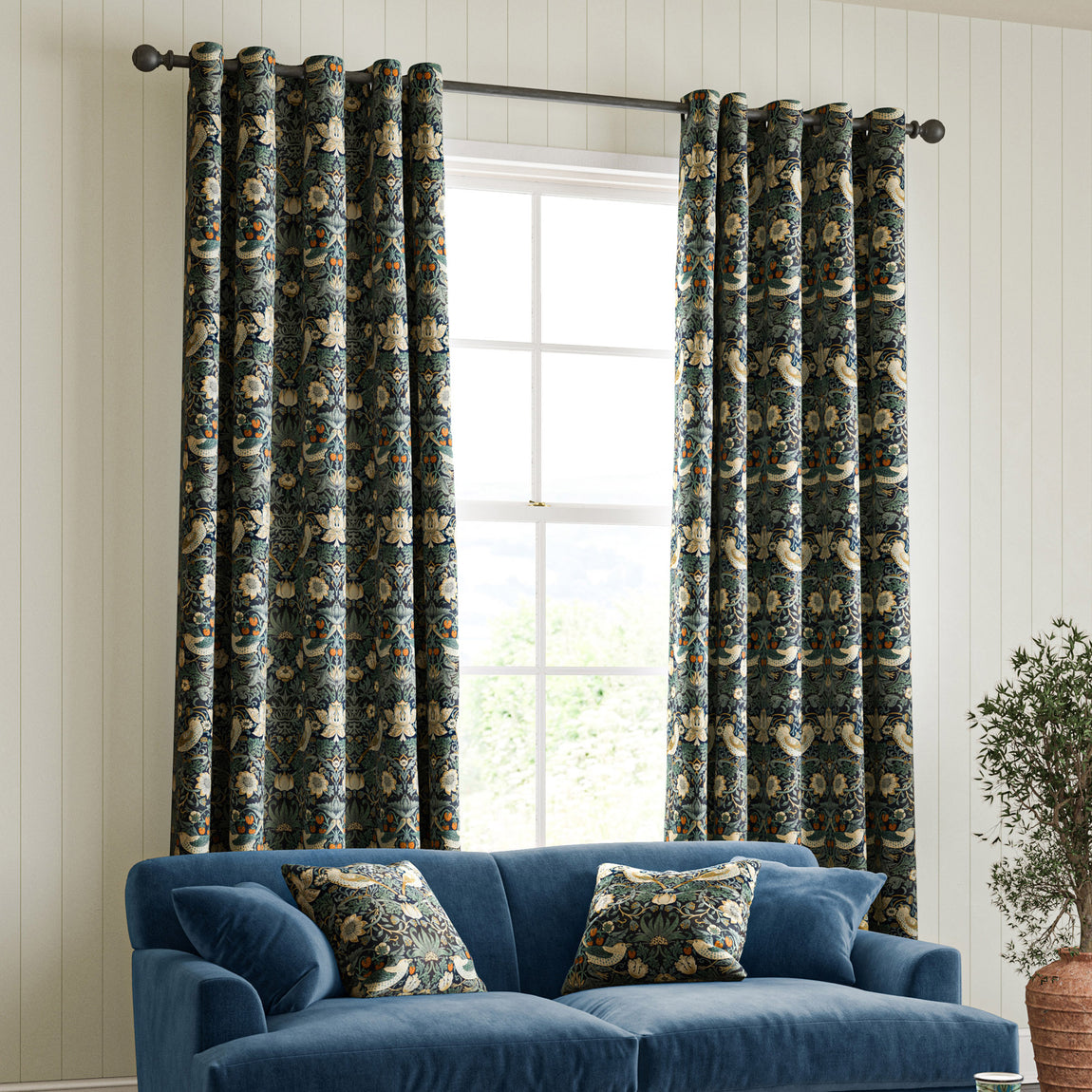 William Morris Strawberry Thief Velvet Made to Measure Curtain Indigo